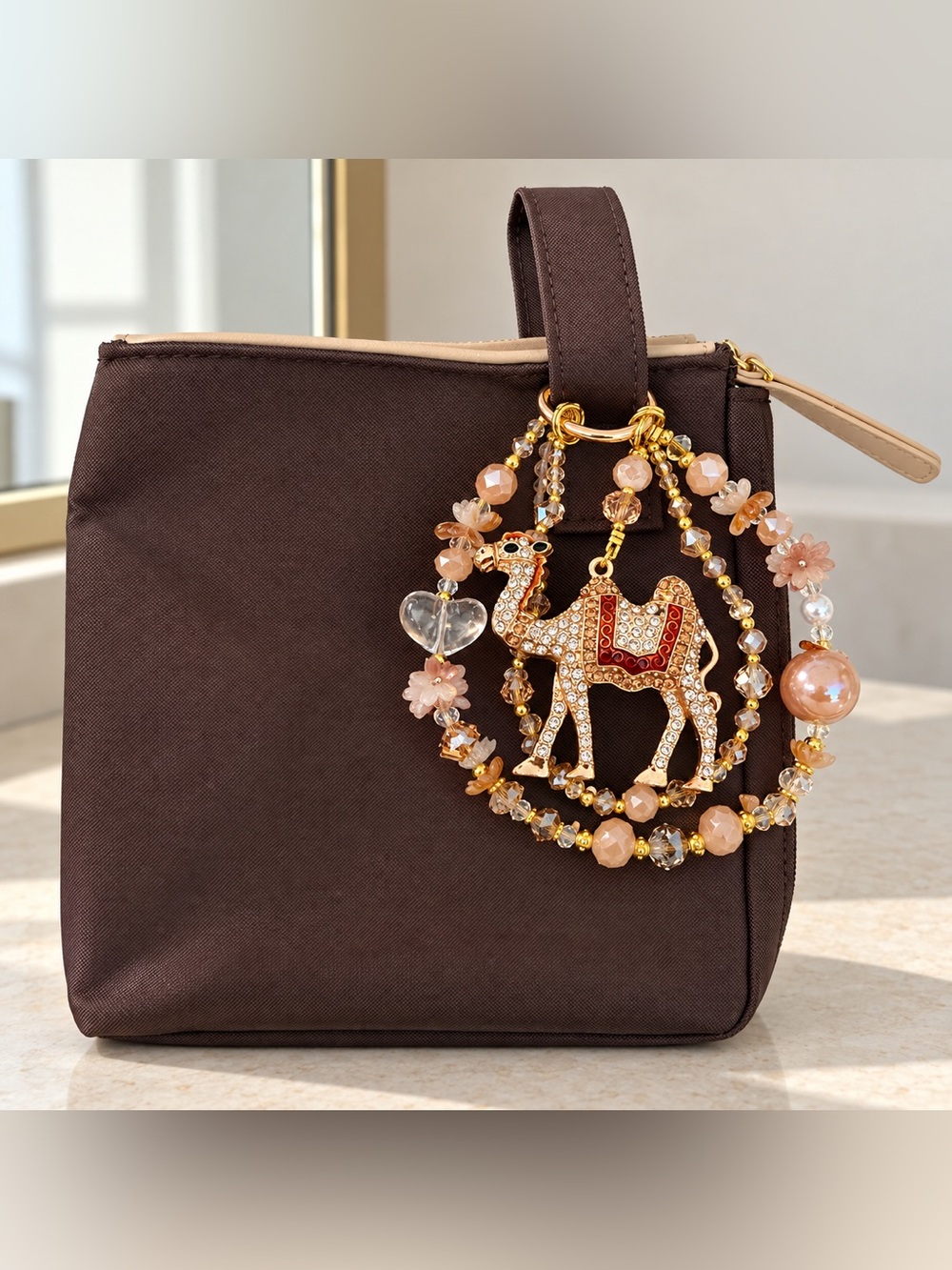 OOAK BVLGARI Emirates Brown Pouch with Handmade Jeweled Camel Charm New